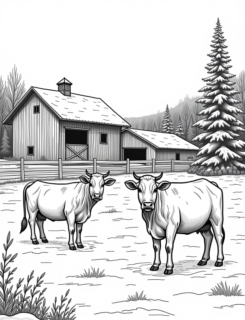  this is for an adult coloring page. a detailed black and white line art of a snowy snow covered farm with cows standing in the barnyard on a solid white background.