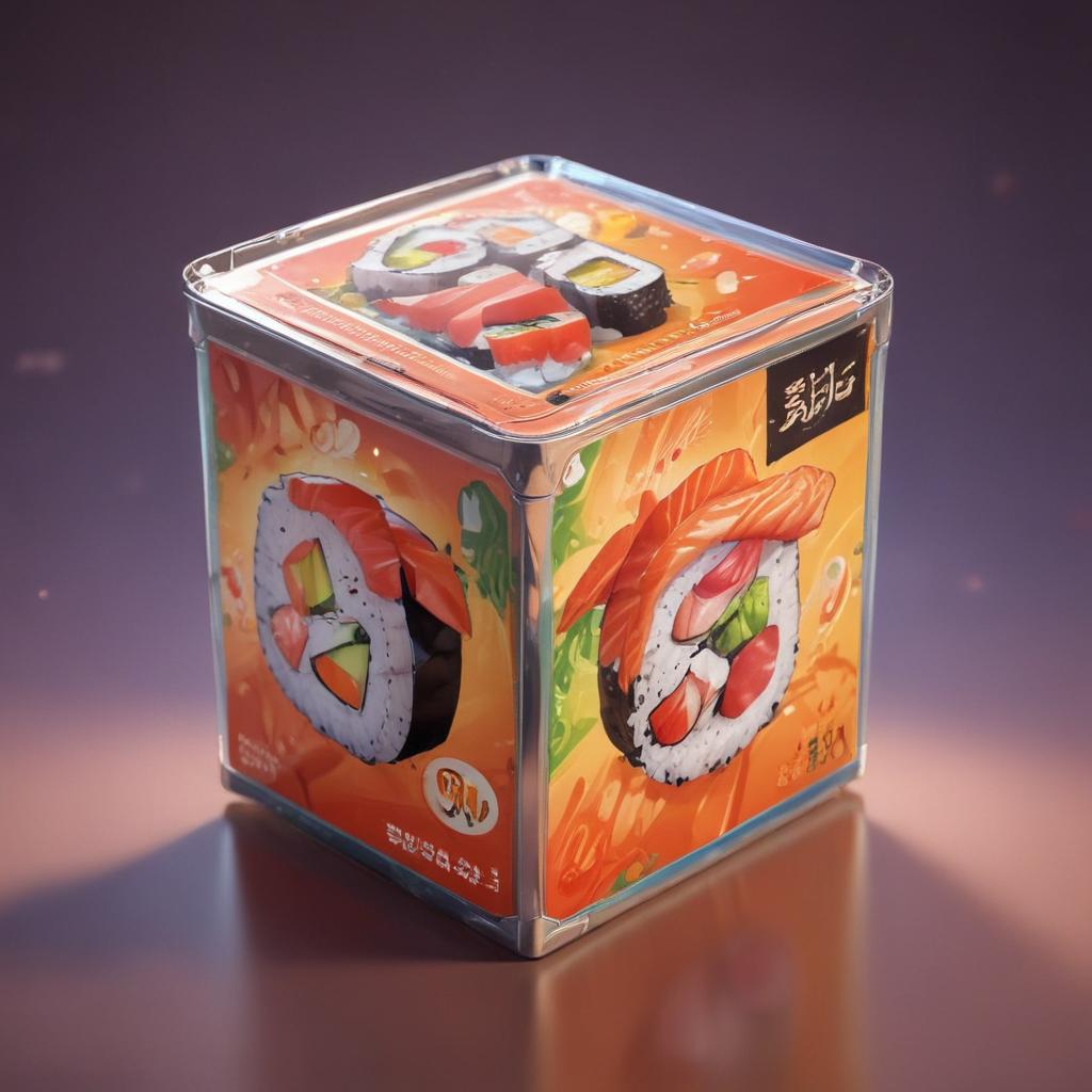 distance-shot, flashy, full-body, dynamic, holographic, animated cartoon poster of a take-out box of sushi in the style of dragon ball super