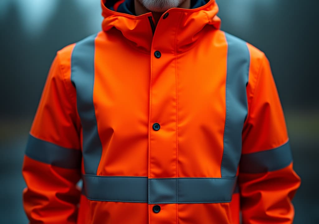  a safety orange rain jacket with reflective stripes, designed for visibility and weather resistance., high quality, high details, hd, perfect composition, 4k epic detailed, highly detailed, sharp focus, high resolution