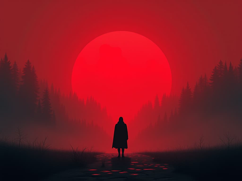  person in red, standing quietly in a serene landscape, world appearing to slow down. the style is digital art illustration / modern comic book / graphic dark novel fantasy and mysterious occult, symbolic, moody lighting, esoteric vibe,high detail on character design. for the color scheme emphasize blacks and reds.