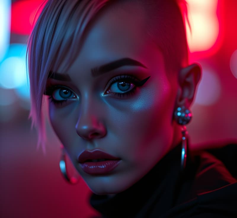  ultra realistic close up portrait ((beautiful pale cyberpunk female with heavy black eyeliner)), blue eyes, shaved side haircut, hyper detail, cinematic lighting, magic neon, dark red city, canon eos r3, nikon, f/1.4, iso 200, 1/160s, 8k, raw, unedited, symmetrical balance, in frame, 8k hyperrealistic, full body, detailed clothing, highly detailed, cinematic lighting, stunningly beautiful, intricate, sharp focus, f/1. 8, 85mm, (centered image composition), (professionally color graded), ((bright soft diffused light)), volumetric fog, trending on instagram, trending on tumblr, HDR 4K, 8K