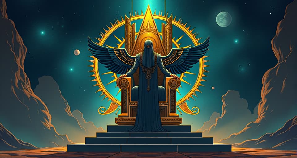  a grand celestial throne, adorned with star patterns and cosmic motifs, hovering in the middle of the universal void, representing the seat of the chosen ones. the style is digital art illustration / modern comic book / mysterious occult, symbolic, esoteric vibe,high detail on character design, incorporating ancient egyptian symbology and attire.