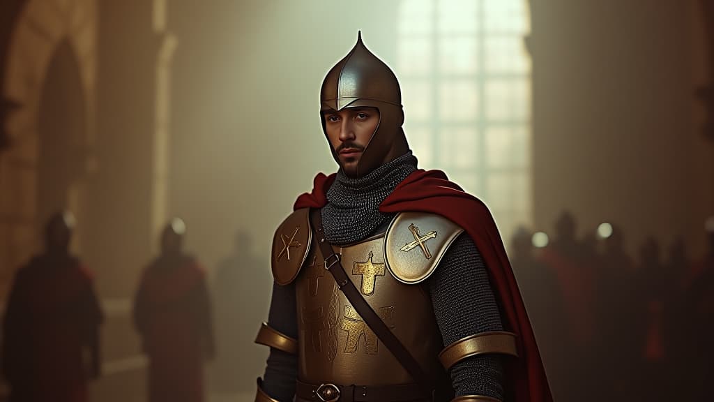  images about historical curiosities, an artistic portrayal of the establishment of the knights templar in the newly founded kingdom of jerusalem. hyperrealistic, full body, detailed clothing, highly detailed, cinematic lighting, stunningly beautiful, intricate, sharp focus, f/1. 8, 85mm, (centered image composition), (professionally color graded), ((bright soft diffused light)), volumetric fog, trending on instagram, trending on tumblr, HDR 4K, 8K