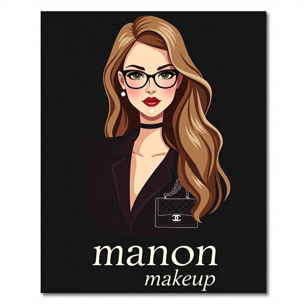  design a logo, a tall light brown haired woman with glasses holding a chanel bag, with the text 'manon makeup '.