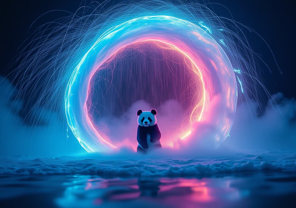  a captivating scene featuring a rain of electric blue fire and a vortex of soft pink water, with the silhouette of a panda in the middle, shot on olympus om d e m1x, displaying a photorealistic, volumetric, and dynamic appearance