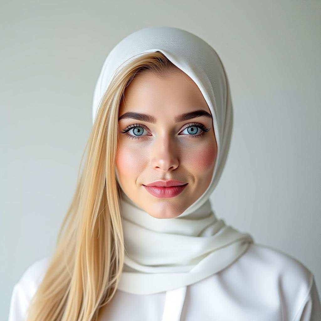  make an image of a blonde woman who is wearing a white niqab