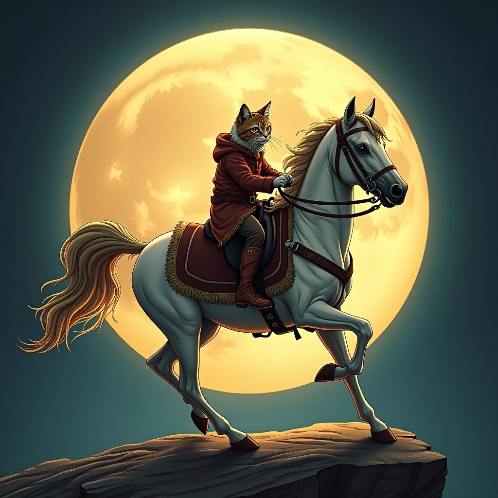  a cat riding a horse, hand drawn, on the moon, studio light, hdr 4k hyperrealistic, full body, detailed clothing, highly detailed, cinematic lighting, stunningly beautiful, intricate, sharp focus, f/1. 8, 85mm, (centered image composition), (professionally color graded), ((bright soft diffused light)), volumetric fog, trending on instagram, trending on tumblr, HDR 4K, 8K