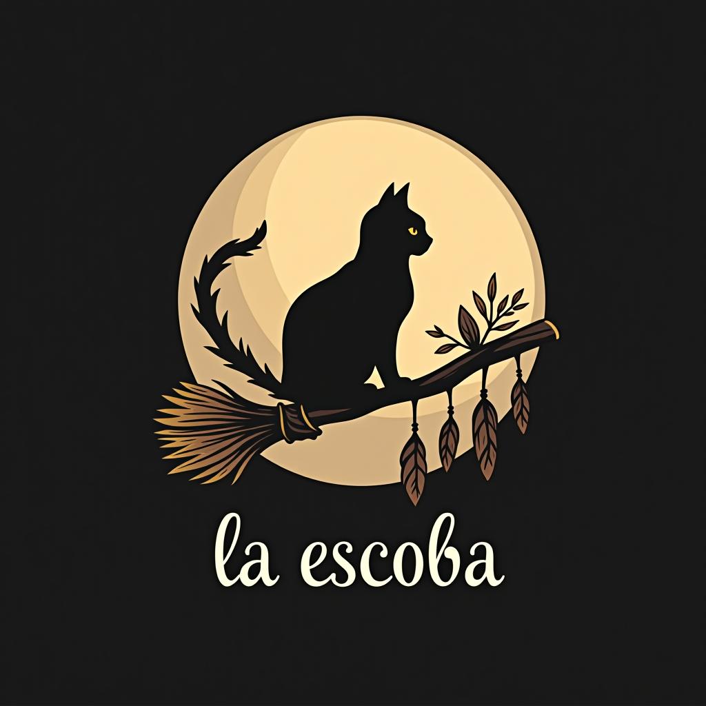  design a logo, in a minimalism style. witchy, moon, black cat silhouette riding on a broom, dried herbs hanging off broom, cottage core aesthetic, crystals,spells, with the text 'la escoba'.