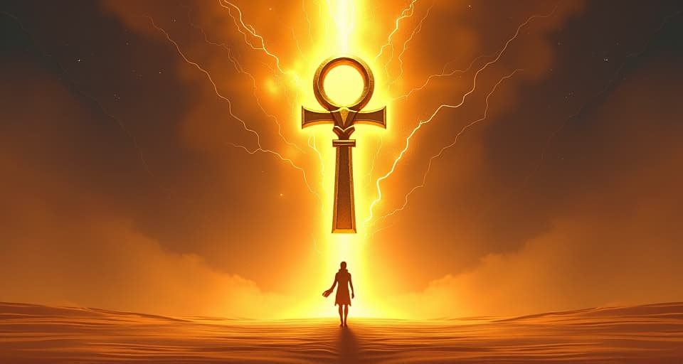  an imposing, golden ankh suspended in mid air, surrounded by crackling energy, casting a powerful, radiant light over a wide open desert, signifying a potent force tugging at the core.. the style is digital art illustration / modern comic book / mysterious occult, symbolic, esoteric vibe,high detail on character design, incorporating ancient egyptian symbology and attire.