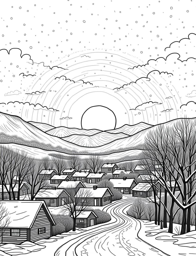  this is for an adult coloring page. a detailed black and white line art of a snowy winter sunrise over a snow covered town on a solid white background.