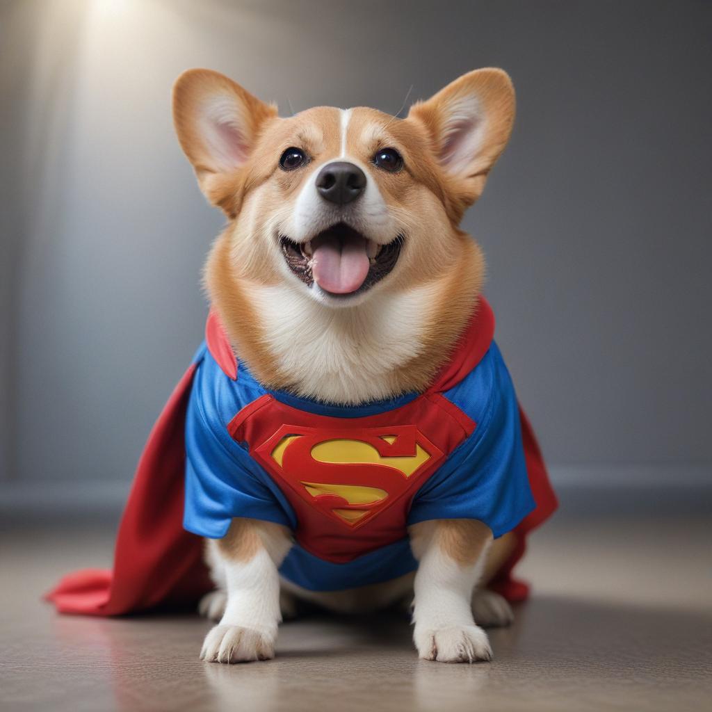 ((masterpiece)),(((best quality))), 8k, high detailed, ultra detailed, A corgi wearing a Superman costume, cute, (red cape flowing behind), (bright blue costume), (happy expression) hyperrealistic, full body, detailed clothing, highly detailed, cinematic lighting, stunningly beautiful, intricate, sharp focus, f/1. 8, 85mm, (centered image composition), (professionally color graded), ((bright soft diffused light)), volumetric fog, trending on instagram, trending on tumblr, HDR 4K, 8K