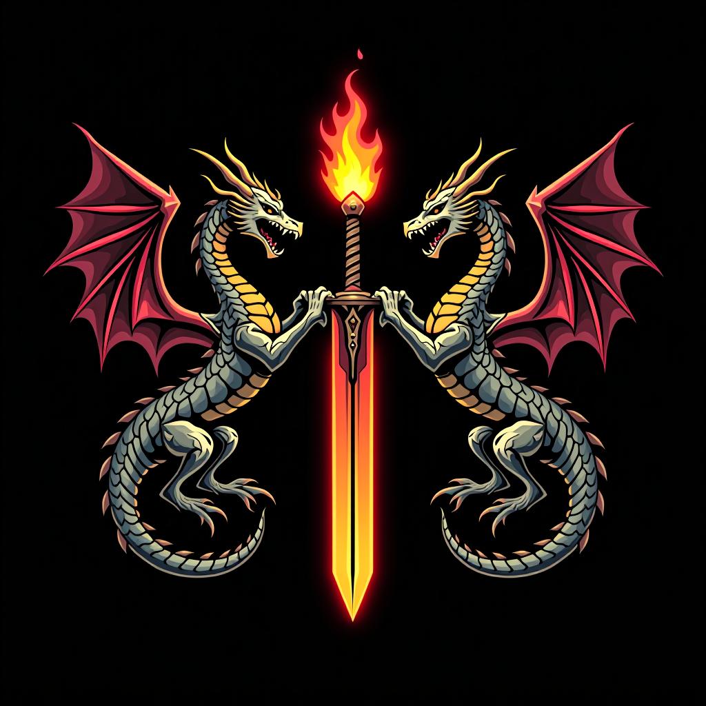  design a logo, custom sticker design on an isolated black background decorated by mythical dragons and a flaming sword