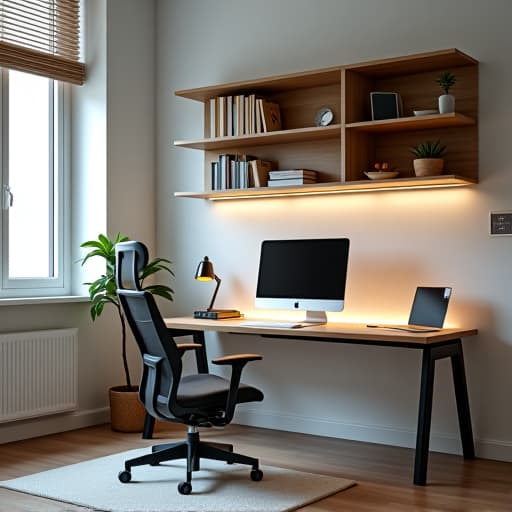  a modern home office with a sleek desk, ergonomic chair, and organized shelves for improved productivity.