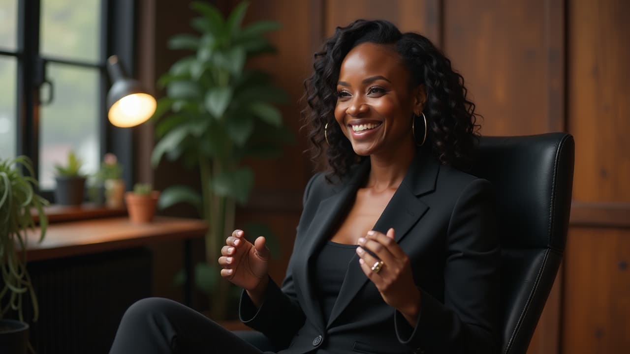  the exact same beautiful black woman. she's in a youtube studio setting sitting in a chair. she's wearing an all black tight business outfit. she's smiling and looking to the side. she's using her hands to express as she talks., high quality, high details, hd, perfect composition, 4k epic detailed, highly detailed, sharp focus, high resolution