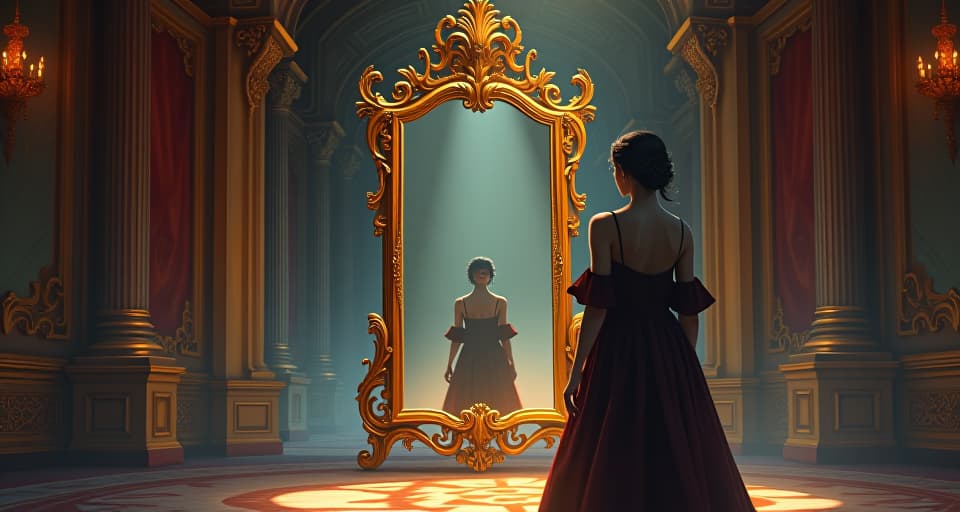  a grand, enchanted mirror reflecting a deflated, shadowy figure. the background is a beautifully illuminated fantasy palace, with shimmering tapestries and ornate decorations highlighting the contrast of mediocrity.. the style is digital art illustration,highly detailed, whimsical,magical, dreamlike atmosphere, realism and fantasy blend, smooth, glossy textures,luminous quality, wonder and enchantment.