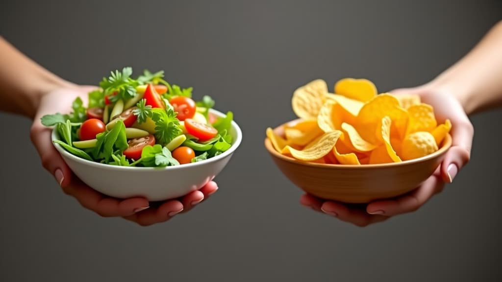  one hand holding bowl of vegetable salad, other holding chips. healthy natural organic fresh vegetarian food vs unhealthy processed fast junk food. lunch or snack decision