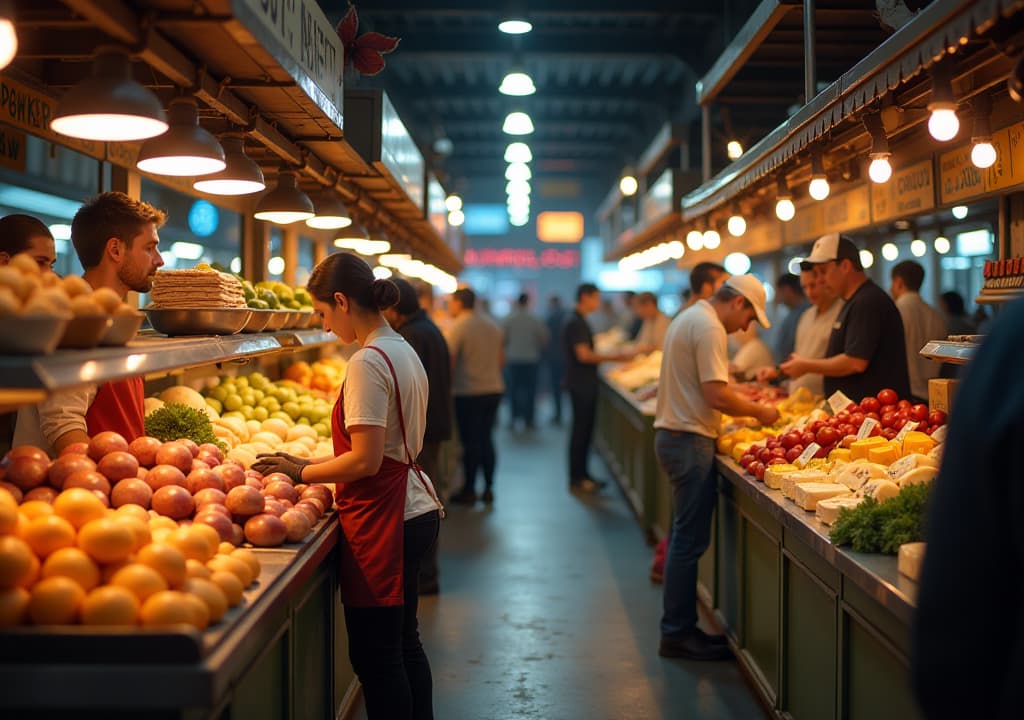  a bustling scene inside st. lawrence market, showcasing vibrant stalls filled with fresh produce, artisanal meats, and cheeses, with happy shoppers sampling food, a vendor preparing peameal bacon sandwiches, and colorful displays creating an inviting atmosphere that captures the essence of toronto's culinary culture. hyperrealistic, full body, detailed clothing, highly detailed, cinematic lighting, stunningly beautiful, intricate, sharp focus, f/1. 8, 85mm, (centered image composition), (professionally color graded), ((bright soft diffused light)), volumetric fog, trending on instagram, trending on tumblr, HDR 4K, 8K