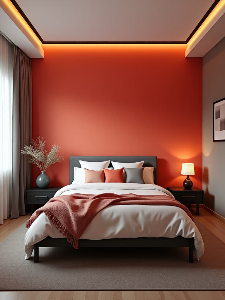  high quality portrait photo of a modern bedroom with a feature wall painted in a bold, vibrant color, contrasting with neutral tones in the rest of the room hyperrealistic, full body, detailed clothing, highly detailed, cinematic lighting, stunningly beautiful, intricate, sharp focus, f/1. 8, 85mm, (centered image composition), (professionally color graded), ((bright soft diffused light)), volumetric fog, trending on instagram, trending on tumblr, HDR 4K, 8K