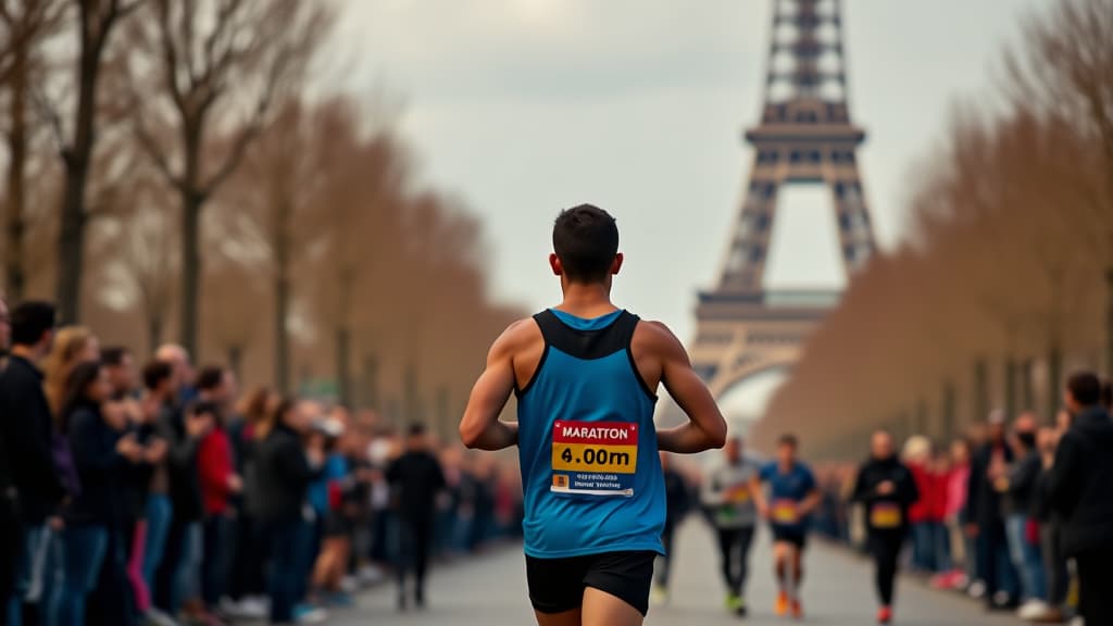  marathon runner celebrated in paris, eiffel tower backdrop amidst cheering crowd