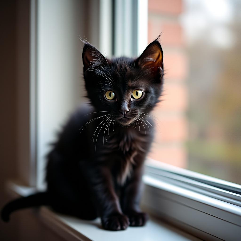  a little black kitten is sitting on the window.