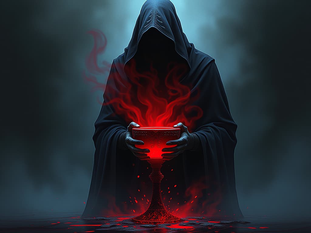  poisoned chalice, dark liquid, swirling mist rising, aura of deceit and corruption. the style is digital art illustration / modern comic book / graphic dark novel fantasy and mysterious occult, symbolic, moody lighting, esoteric vibe,high detail on character design. for the color scheme emphasize blacks and reds.