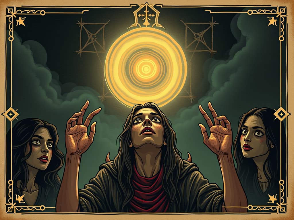  realization dawning, wide eyed figures illuminated, expressions of change, central figure glowing with inner light, transformative moment. an illustration in the style of a worn, mystical old tarot trump card, mysterious and elements of surrealism. the colors are muted, somber and eerie, but with contrast bring out an occult and esoteric vibe.