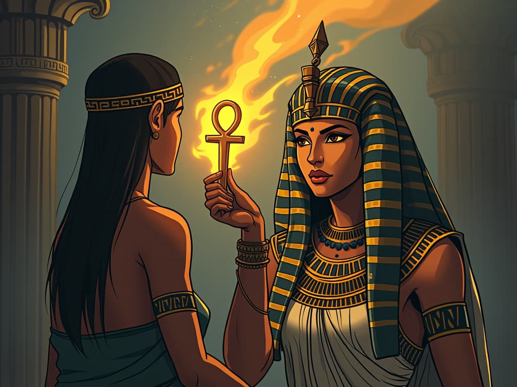  a comic book style draw of an ancient goddess offering a glowing ankh to a person, sense of audacity and reward, atmosphere of being unapologetically oneself. the style is digital art illustration / modern comic book / mysterious occult, symbolic, esoteric vibe,high detail on character design, incorporating ancient egyptian symbology and attire. hyperrealistic, full body, detailed clothing, highly detailed, cinematic lighting, stunningly beautiful, intricate, sharp focus, f/1. 8, 85mm, (centered image composition), (professionally color graded), ((bright soft diffused light)), volumetric fog, trending on instagram, trending on tumblr, HDR 4K, 8K