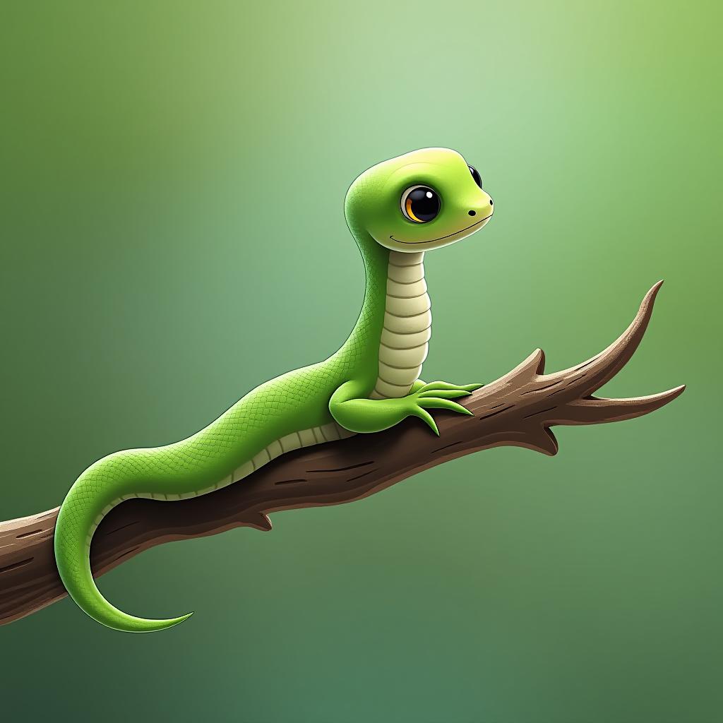  the green cute snake is sitting on a branch.