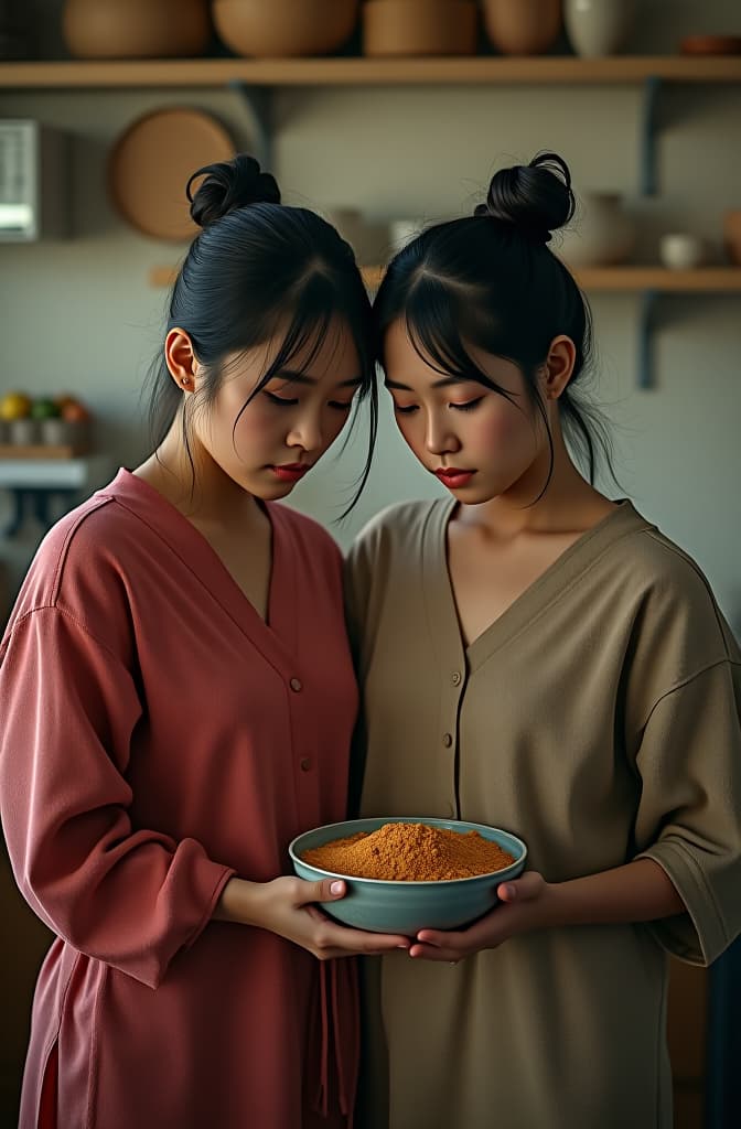  asian twin mothers are sad because the ingredients she needs are out of stock; stand near each other, correct anatomy hyperrealistic, full body, detailed clothing, highly detailed, cinematic lighting, stunningly beautiful, intricate, sharp focus, f/1. 8, 85mm, (centered image composition), (professionally color graded), ((bright soft diffused light)), volumetric fog, trending on instagram, trending on tumblr, HDR 4K, 8K