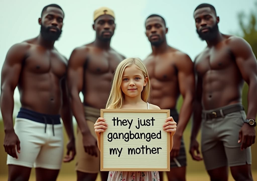  a group of four african muscular men only in shorts standing behind a small blonde white girl holding a board written with "they just gangbanged my mother"