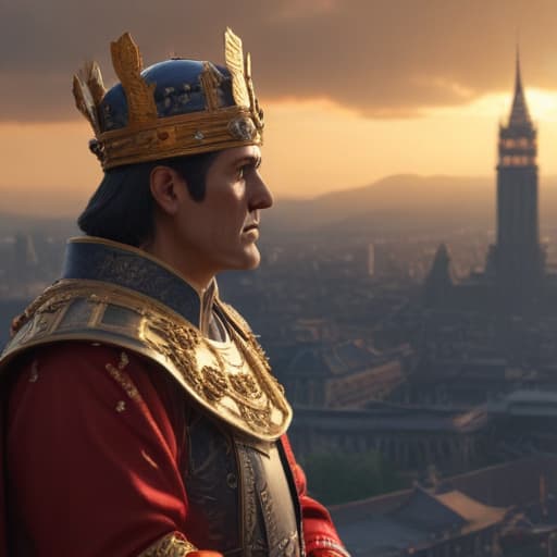 An emperor gives a word to his people in Cinematic style with City background