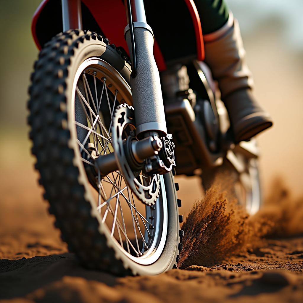  dynamic close up of a dirt bike tire spinning rapidly, kicking up dust and debris in an intense action shot.