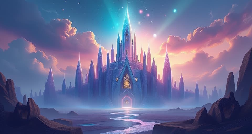  an ethereal landscape with a majestic fortress made of radiant crystals. the fortress glows with a powerful, sovereign energy, symbolizing strength and security against external influences.. the style is digital art illustration,highly detailed, whimsical,magical, dreamlike atmosphere, realism and fantasy blend, smooth, glossy textures,luminous quality, wonder and enchantment.