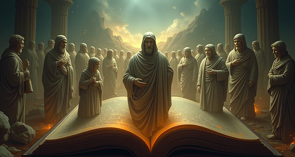  a foreboding illustration within an ancient prophecy book showing crumbling statues of outdated figures. surrounding them are symbols of fall and obsolescence, script glowing faintly. atmosphere of inevitable decline.. the style is digital art illustration,highly detailed, whimsical,magical, dreamlike atmosphere, realism and fantasy blend, smooth, glossy textures,luminous quality, wonder and enchantment.