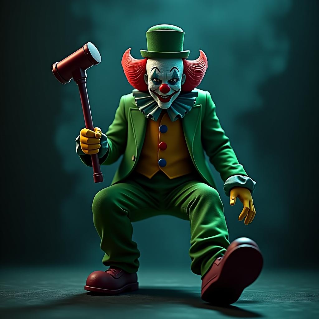  macabre style a clown in a green suit, in a shoe with a red nose, in a red wig, in a hat cylinder, with a toy double hammer in hand, a little crazy . dark, gothic, grim, haunting, highly detailed hyperrealistic, full body, detailed clothing, highly detailed, cinematic lighting, stunningly beautiful, intricate, sharp focus, f/1. 8, 85mm, (centered image composition), (professionally color graded), ((bright soft diffused light)), volumetric fog, trending on instagram, trending on tumblr, HDR 4K, 8K