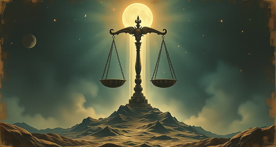  giant celestial scales tipping towards justice, earth rumbling below, ethereal light cascading down, sense of inexorable change, monumental, inevitable. an illustration in the style of a worn, mystical old tarot trump card, mysterious and elements of surrealism. the colors are muted, somber and eerie, but with contrast bring out an occult and esoteric vibe.