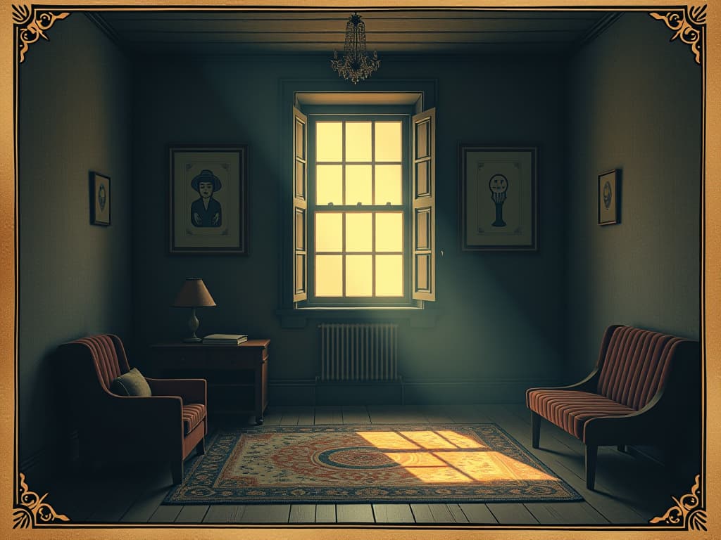  a quiet room, single window open, beams of sunlight filtering through, sense of shielding from cacophony, clarity, warmth of the light. an illustration in the style of a worn, mystical old tarot trump card, mysterious and elements of surrealism. the colors are muted, somber and eerie, but with contrast bring out an occult and esoteric vibe.