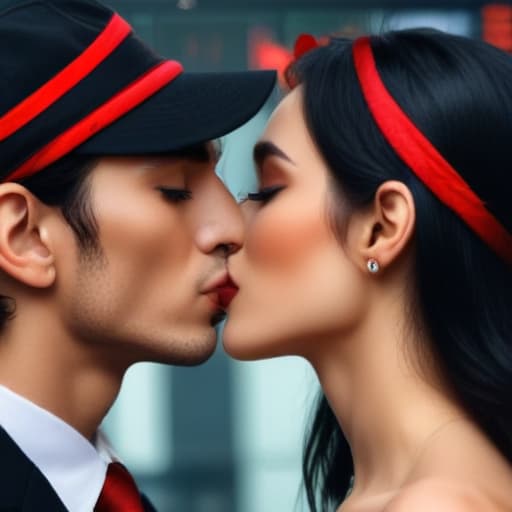 A man who carries bezel and red cap kisses a beautiful woman with long black hair, in full forex trading.