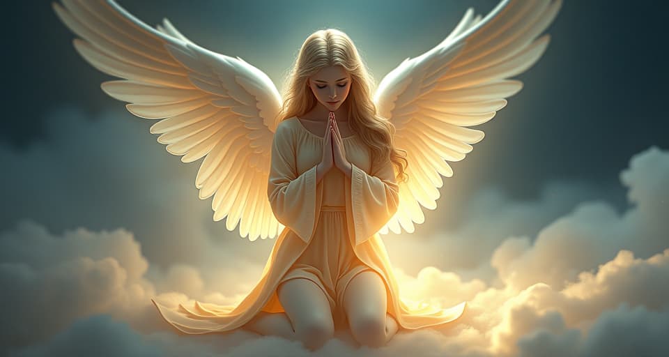  an ethereal guardian angel in luminous robes, kneeling with hands clasped in prayer, divine light surrounding her, celestial mood, reverent atmosphere. the style is digital art illustration,highly detailed, whimsical,magical, dreamlike atmosphere, realism and fantasy blend, smooth, glossy textures,luminous quality, wonder and enchantment.