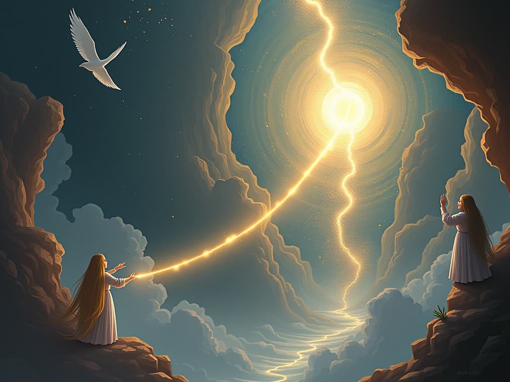  a radiant celestial palace, a lifeline symbolically severed, glowing cord snapping in mid air. ethereal beings react with shock, the atmosphere charged with a sudden, profound loss.. the style is digital art illustration,highly detailed, whimsical,magical, dreamlike atmosphere, realism and fantasy blend, smooth, glossy textures,luminous quality, wonder and enchantment.