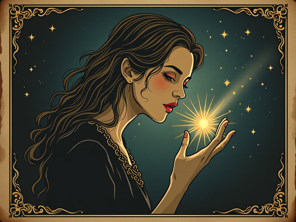  individual touched by a radiant muse, soul glowing with divine light, cosmic background, stars reflecting on skin, luminous, ethereal. an illustration in the style of a worn, mystical old tarot trump card, mysterious and elements of surrealism. the colors are muted, somber and eerie, but with contrast bring out an occult and esoteric vibe.