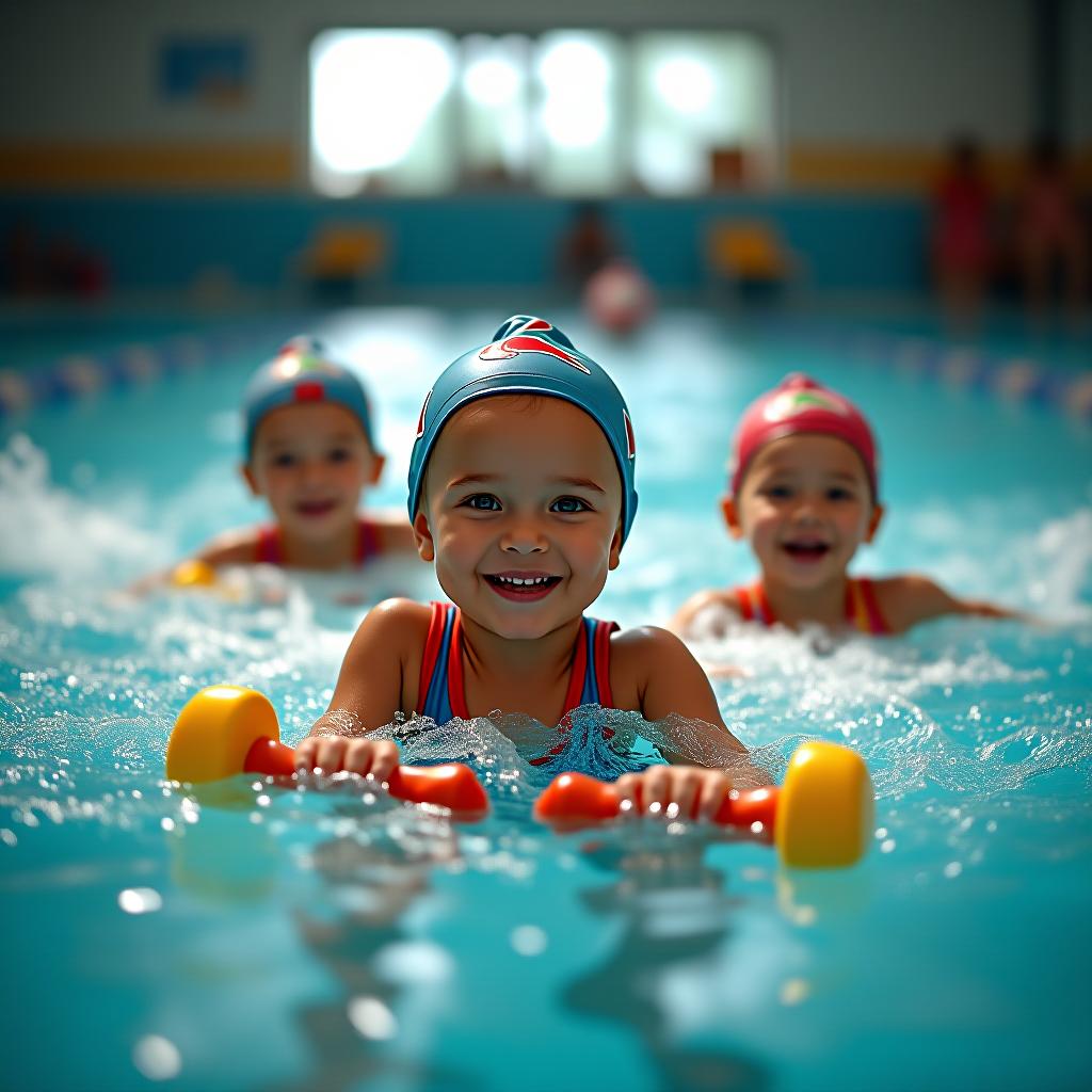  cinematic film still cute little children in swimming suits and caps are swimming in an indoor pool. (((swimming lesson))). ((with swimming dumbbells and swimming boards)). happy, ((splashes)), waves. aesthetic light, happiness, smiles. beautiful promotional photo, flash photography, dramatic dutch light. . shallow depth of field, vignette, highly detailed, high budget, bokeh, cinemascope, moody, epic, gorgeous, film grain, grainy