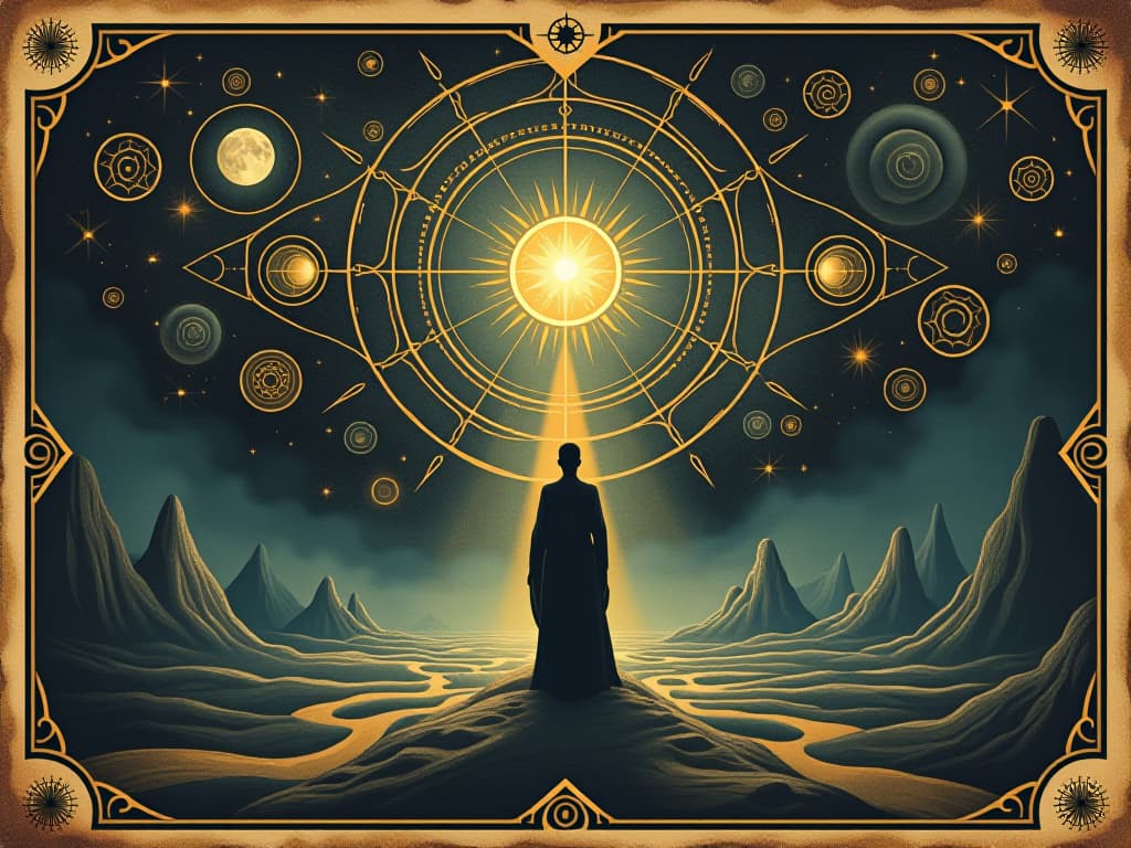  a figure standing at the center of cosmic patterns, swirling lights and shapes around, poised and ready, celestial harmony, transcendence. an illustration in the style of a worn, mystical old tarot trump card, mysterious and elements of surrealism. the colors are muted, somber and eerie, but with contrast bring out an occult and esoteric vibe.