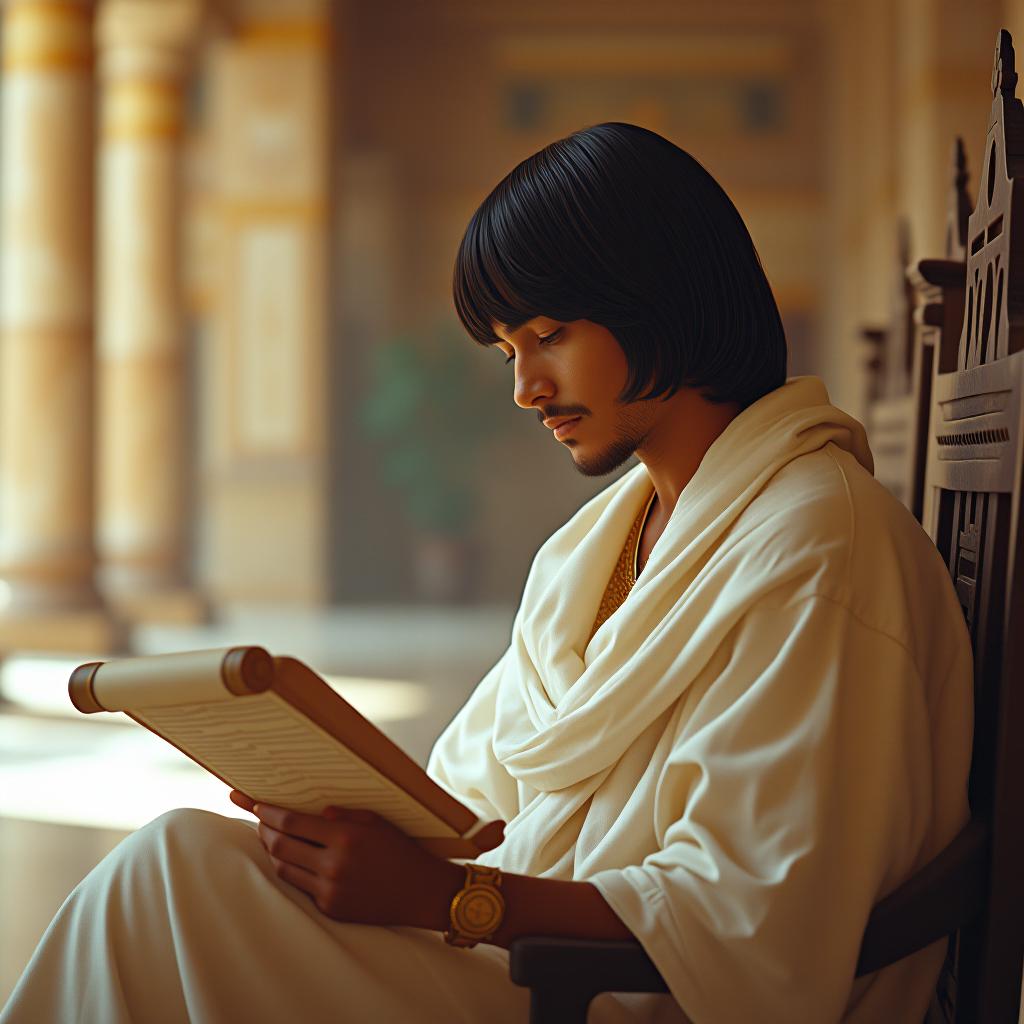  cinematic photo pastel colors; a turn to the face, an angle to the face; a charming young ancient egyptian priest of twenty years; he sits in the spacious lobby of an ancient egyptian building; waiting for someone, the priest reads a scroll of papyrus and learned a very important secret; the priest is dressed in a light long tunic of snow white linen and wears ancient egyptian jewelry made of gold and silver; the priest has straight hair up to his shoulders, a straight bang hides his forehead; the hall, where the priest is located, a beautifully light colored light colored tree. . 35mm photograph, film, bokeh, professional, 4k, highly detailed