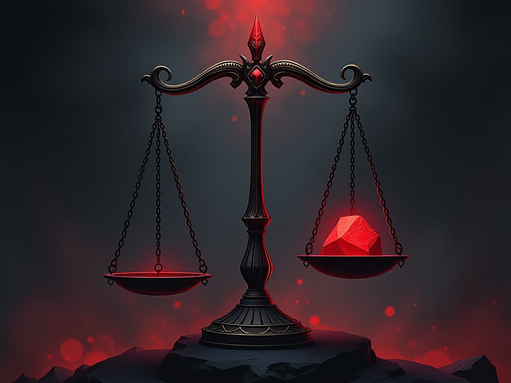  ancient scales, one side tipped, red stone on the higher side, aura of earned respect and trust. the style is digital art illustration / modern comic book / graphic dark novel fantasy and mysterious occult, symbolic, moody lighting, esoteric vibe,high detail on character design. for the color scheme emphasize blacks and reds.