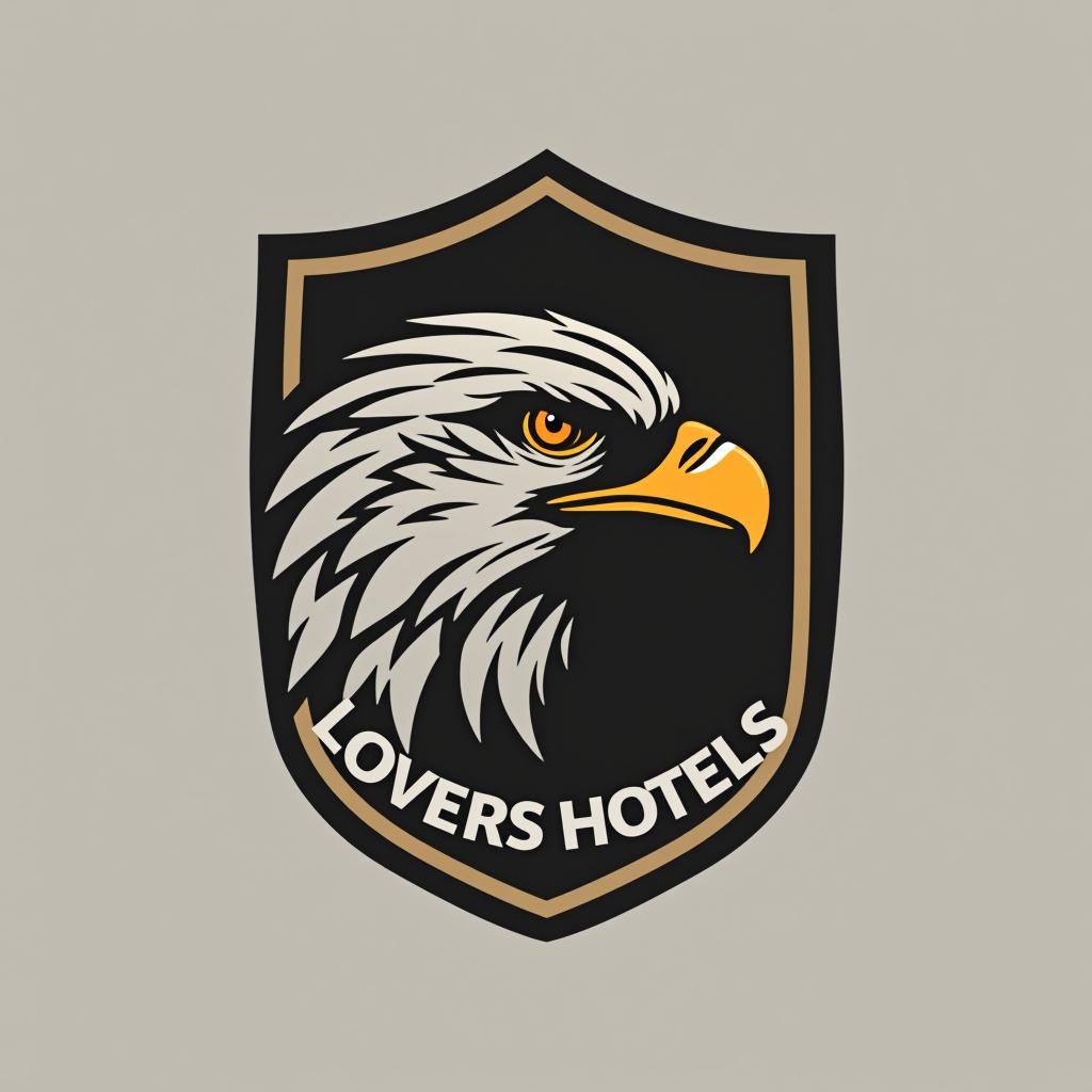  design a logo, create an emblem logo using an eagle’s eye and a shield, emphasizing the company’s focus on vigilance and protection., with the text 'lovers hotels'.