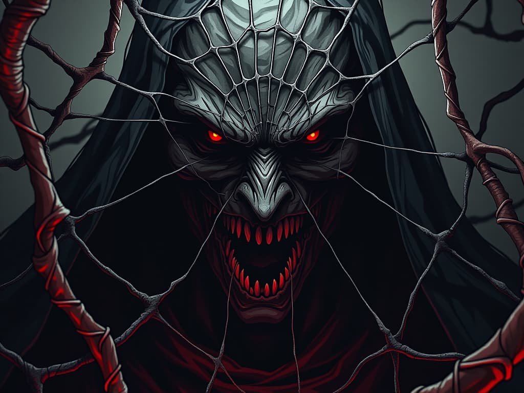  intricately woven web of threads depicting a dark sorcerer's menacing face, light breaking apart the threads, symbolizing unmasking of deception. the style is digital art illustration / modern comic book / graphic dark novel fantasy and mysterious occult, symbolic, moody lighting, esoteric vibe,high detail on character design. for the color scheme emphasize blacks and reds.