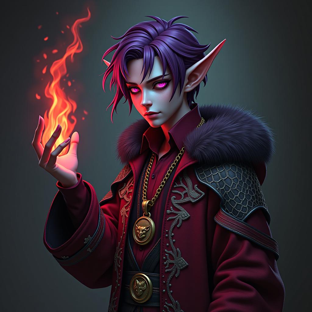  horror themed ringo the warlock is depicted in full growth with a burning alo purple flame in his hand a young mature dark male elf with marble white skin, purple scarlet hair, ringo wears a disheveled hairstyle of medium length, pointed ear tips, lavender red eyes, dressed in a burgundy shirt besides, he wears a dark red coat of snake skin with silver embroidery in the form of flame tongues, a coat with a fur collar with a medium sized ribbond skin, and right shaped skin with silver skin in skin bruchilacular skin. ringo wears a gold chain with a medium sized gold medallion around his neck. the medallion depicts an angry smirking fox face, ringo has a relative, a younger brother, a young dark elf amroth, . eerie, unsettling, dark, spooky