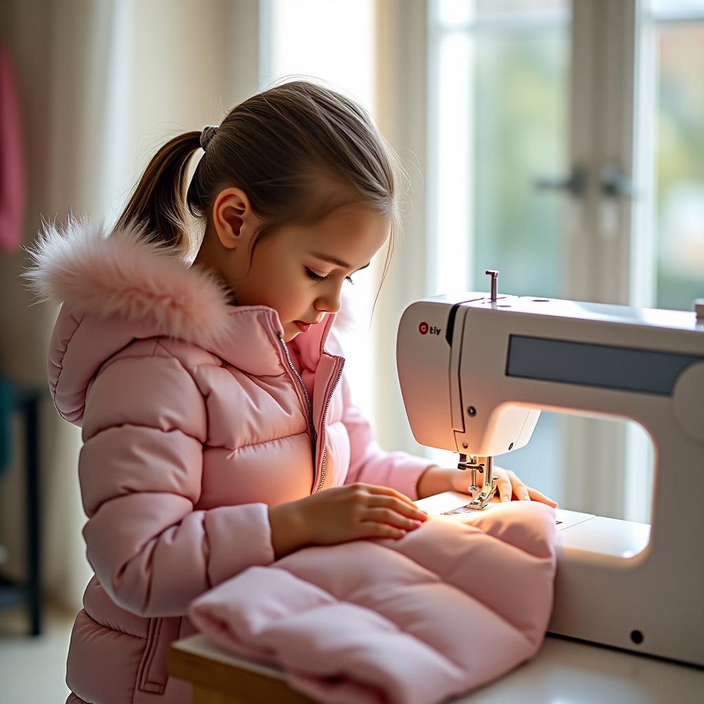  the girl is sewing a puffy jacket on a sewing machine in a bright room.