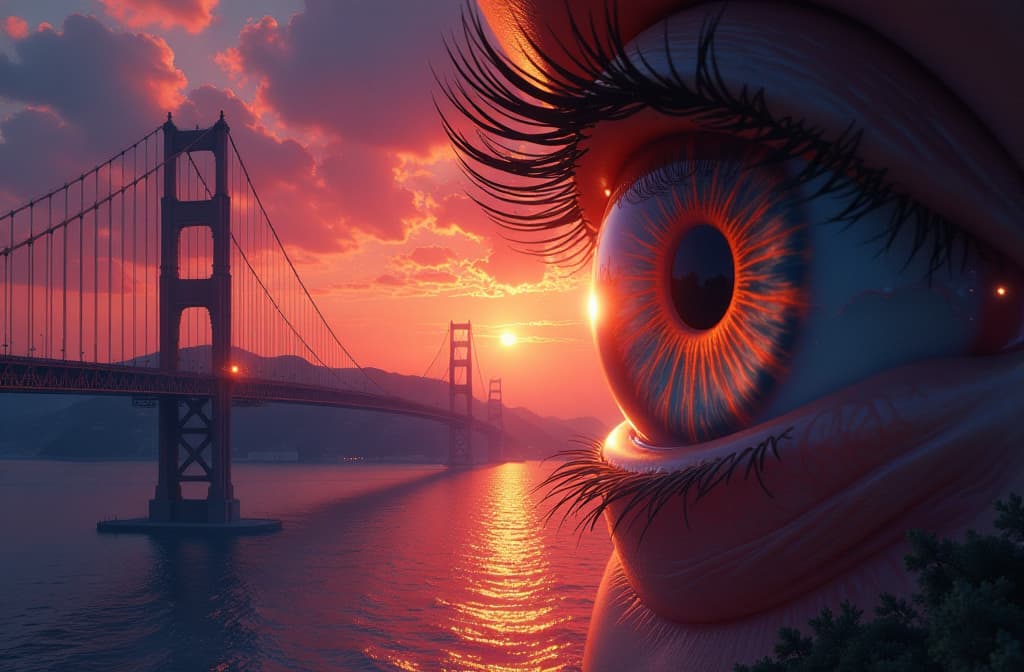  alternate reality: a big eye at sunset looks at a city with many bridges ar 3:2 {prompt}, maximum details